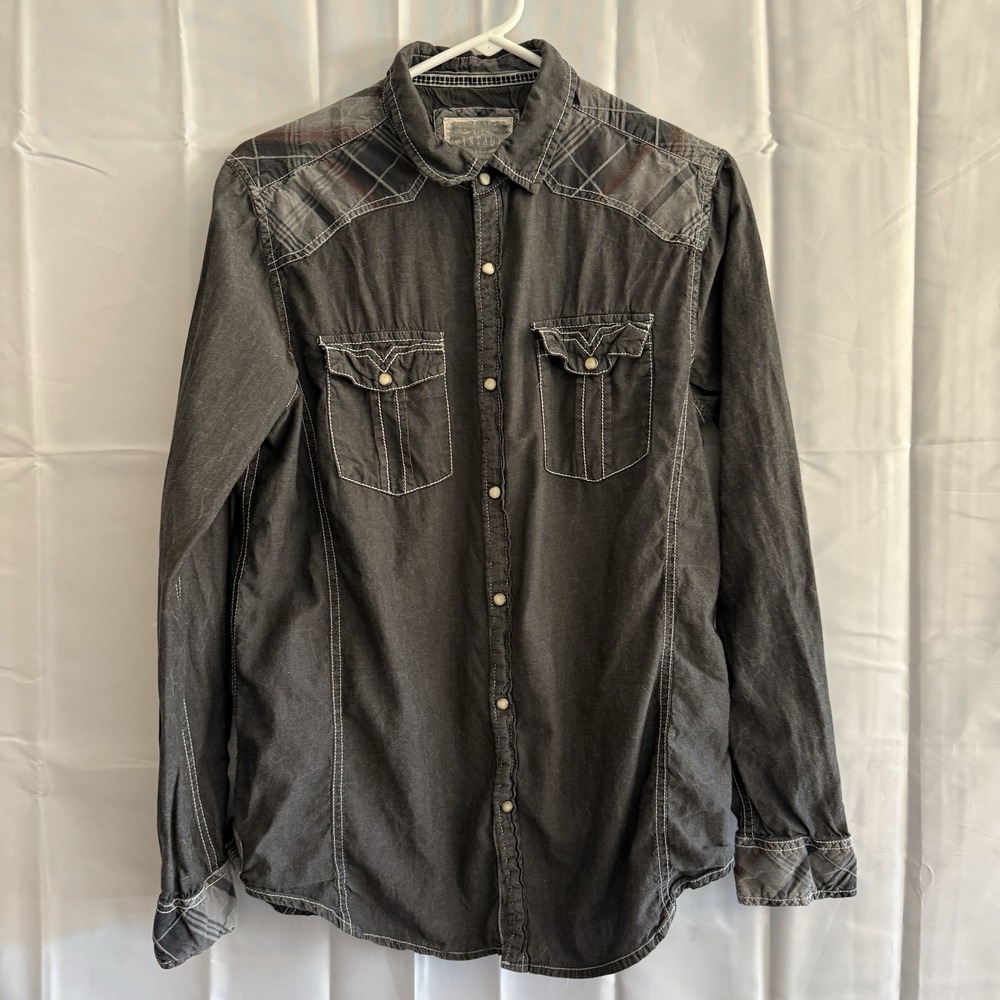 BKE Vintage Shirt Mens XL Distressed Black Pearl‎ Snap Long Sleeve Western Top
